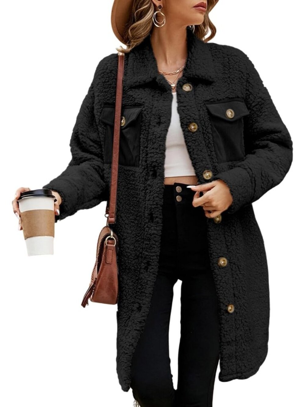 Women's Black 100% Polyester Warm Faux Fuzzy Fleece Button Down Long Teddy Coat